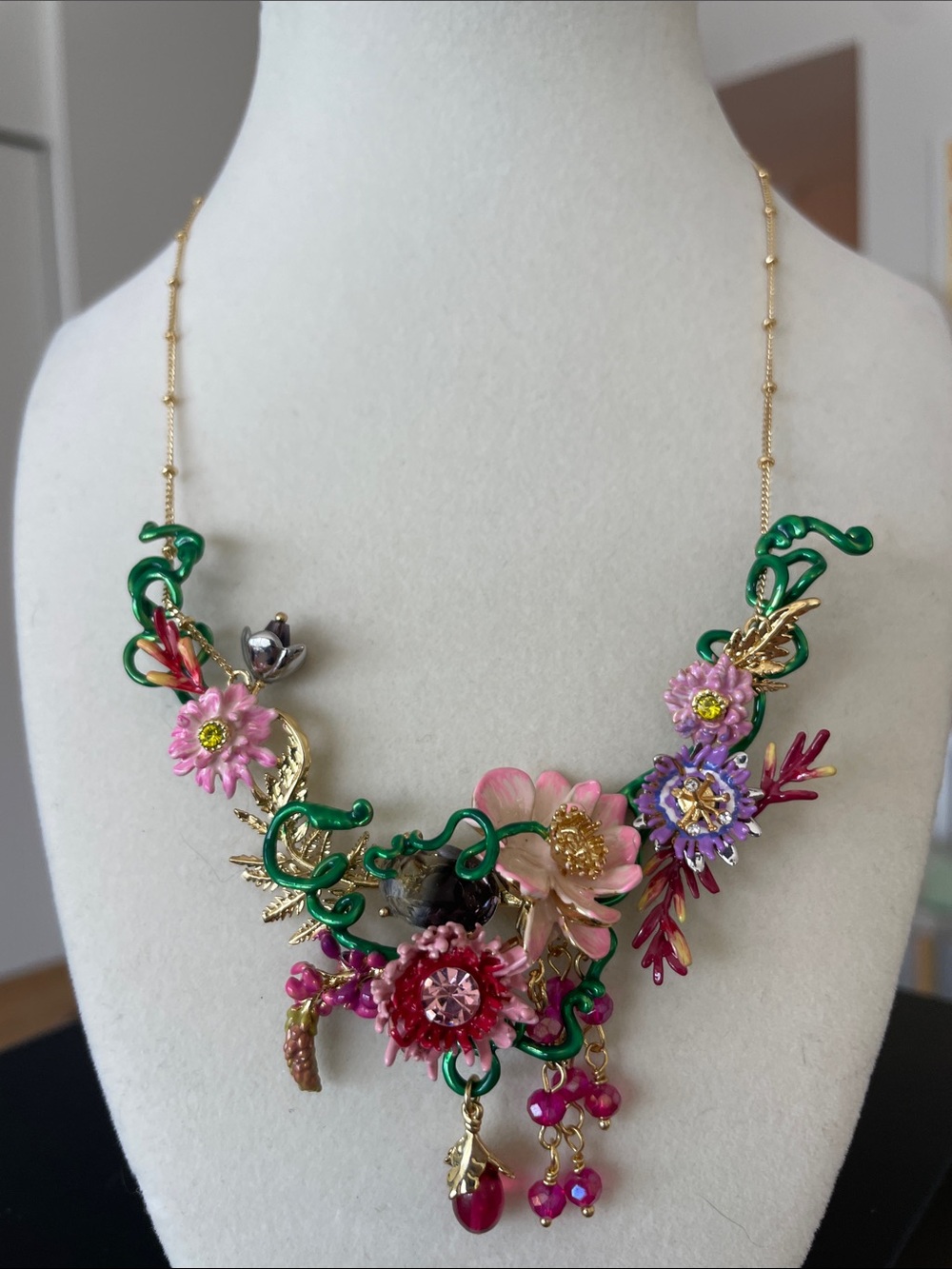 Les Néréides Hand Painted Floral Necklace 18k Gold Plated French Artisan Stateme